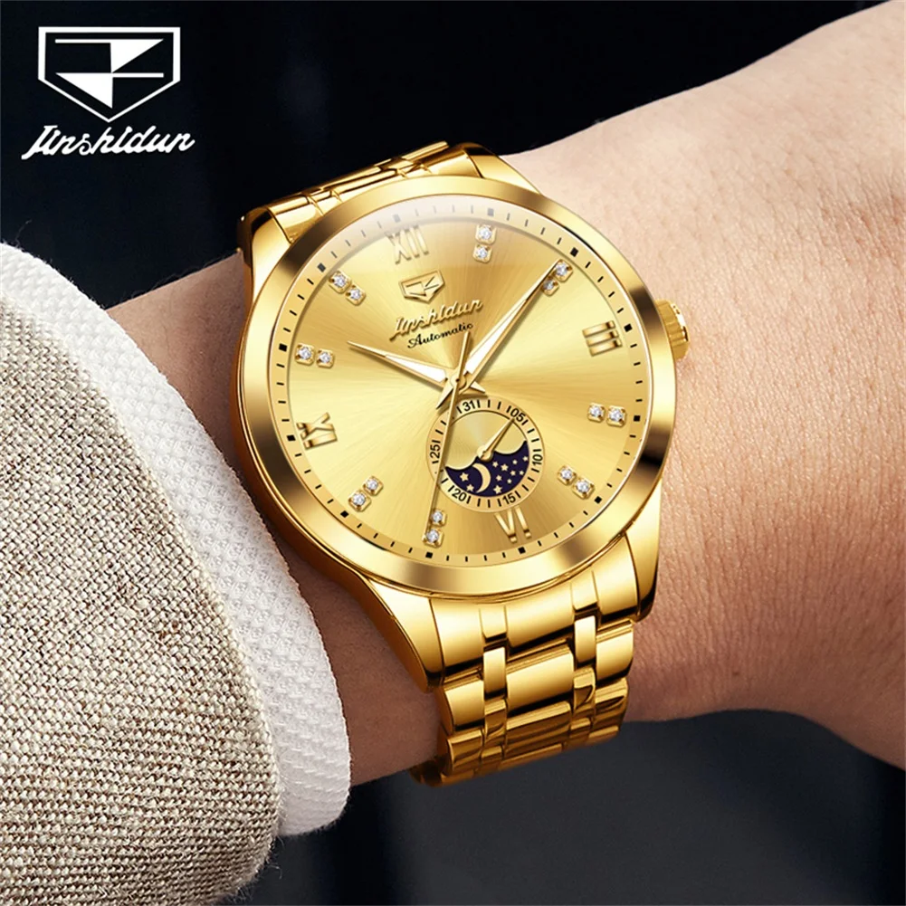 JSDUN 8969 Men's Watch Moon Phase Date Mechanical Watch For Men Original Diamond Scale Business Male Wristwatch Waterproof