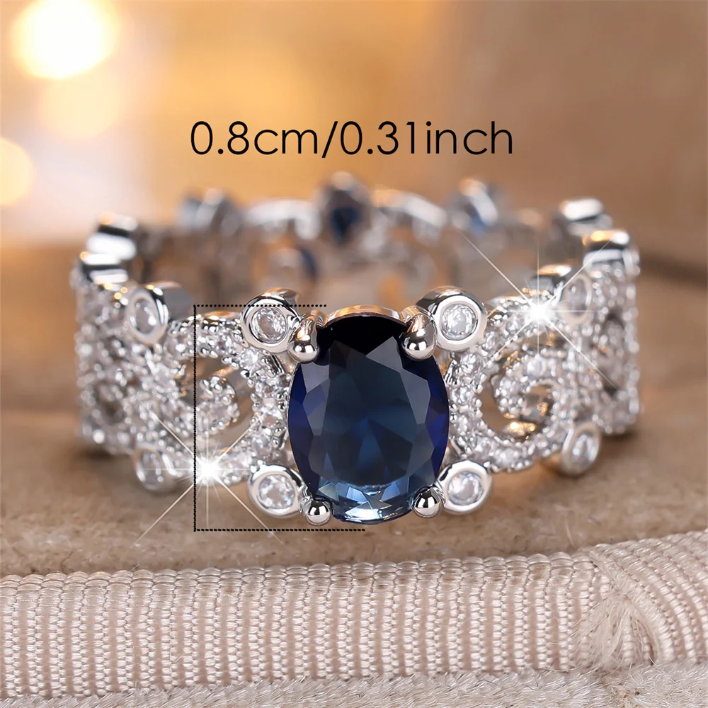 Blue Crystal Oval Stone White Zircon Rings For Women Vintage Silver Color Engagement Bands Wedding Jewelry Bridal Versatile Gift