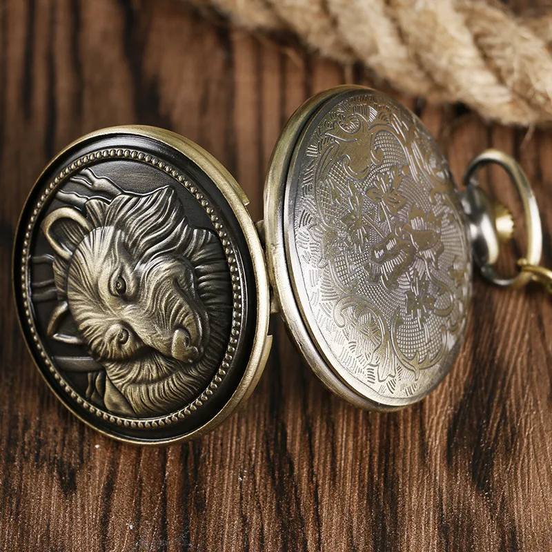 Vintage Wolf Dog Arabic Number Dial Men's Quartz Pocket Watch with Chain Necklace Pendant Full Hunter Timepiece Antique Gifts