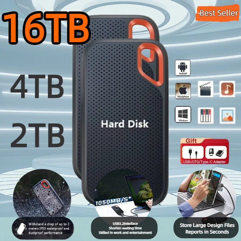 ฮาร์ดไดรฟ์ภายนอกแบบพกพา SSD 4TB USB3.2 Type-C ที่เก็บข้อมูลภายนอกที่เข้ากันได้กับแล็ปท็อป/พีซี/แม็คกันกระแทกฮาร์ดดิสก์แบบพลักแอนด์เพลย์ 1