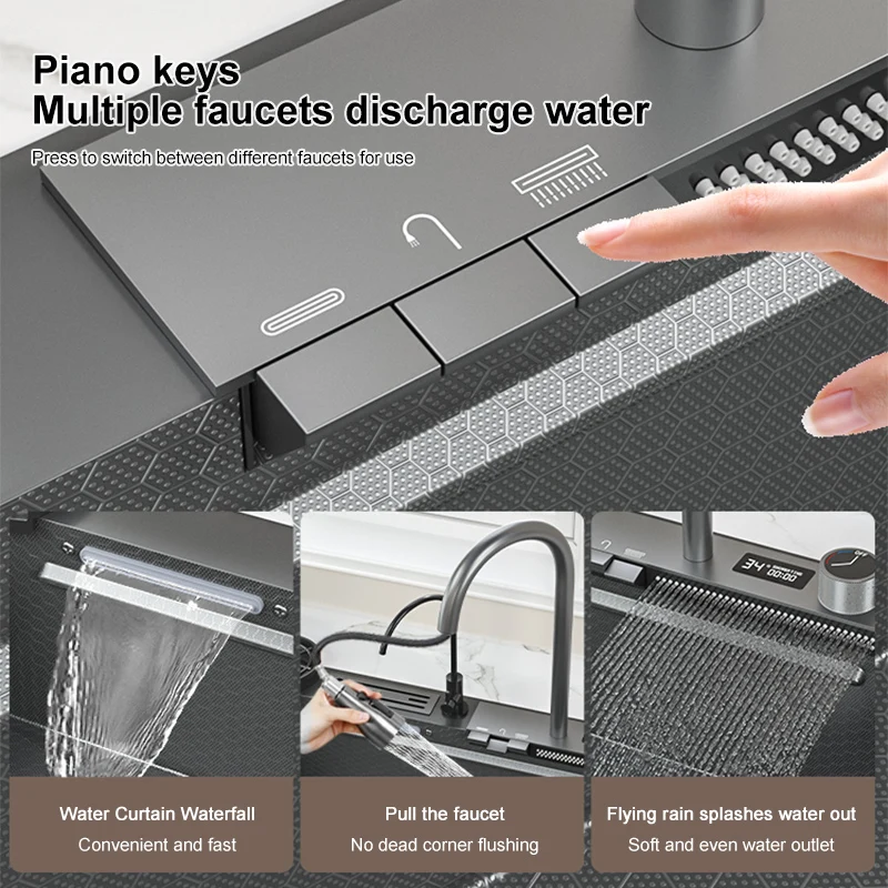 Digital Display Waterfall Embossed Kitchen Sink Stainless Steel Large Single Slot Multifunctional Washbasin For Kitchen