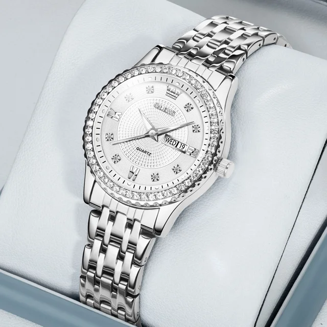 OLEVS-Classic Ladies Quartz Relógio De Pulso, Relógios Pulseira De Diamante, Relógio Calendário Luminoso Para Mulheres, Marca De Luxo, Moda