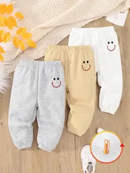 A Simple And Casual 3-Piece Set Of Fleece Baby Girls' Cute Smiling Pants And Baby Boys' Pants For Autumn And Winter 1