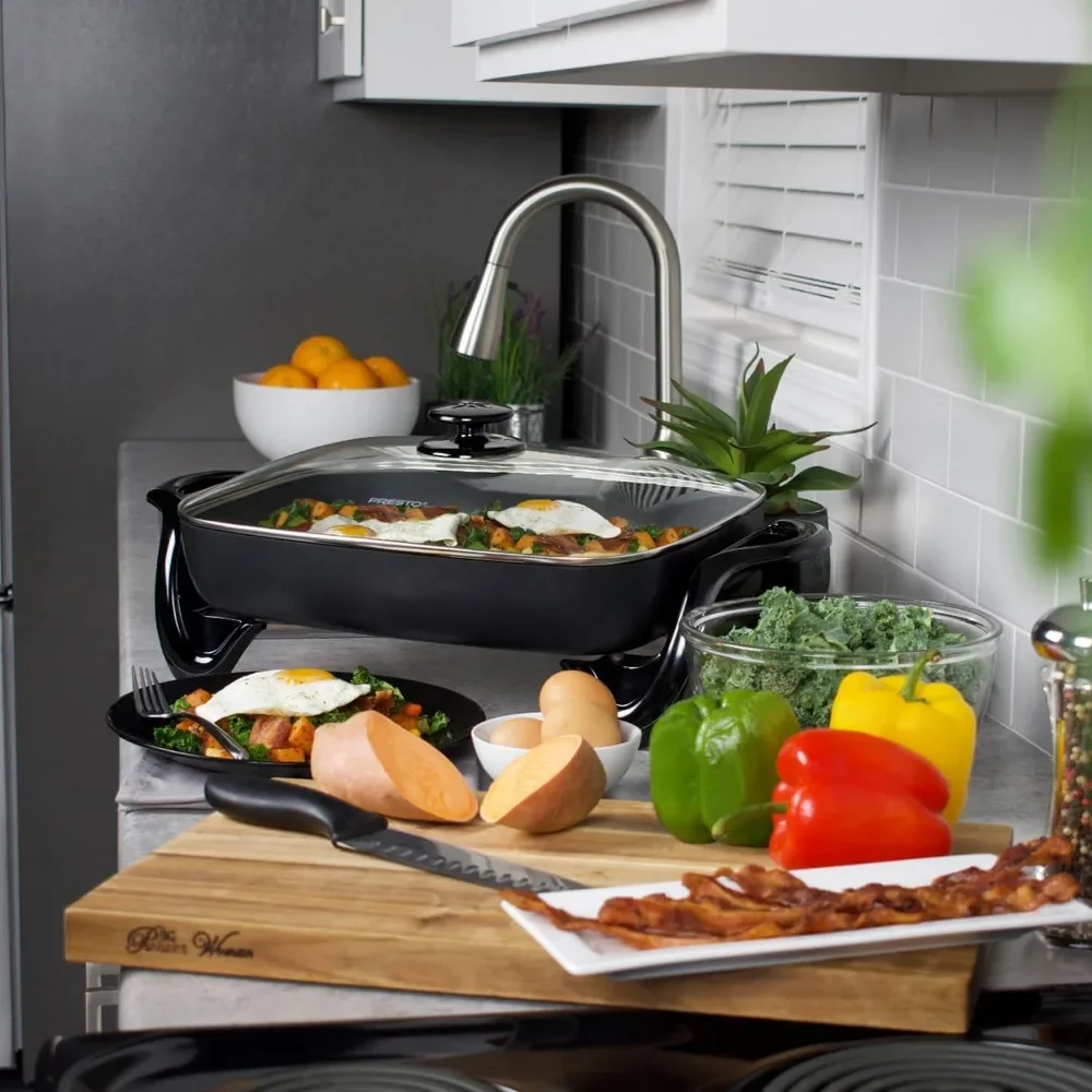 16-Inch Electric Skillet with Glass Cover,Tempered glass cover with stay-cool handle,Doubles as a buffet server. 5