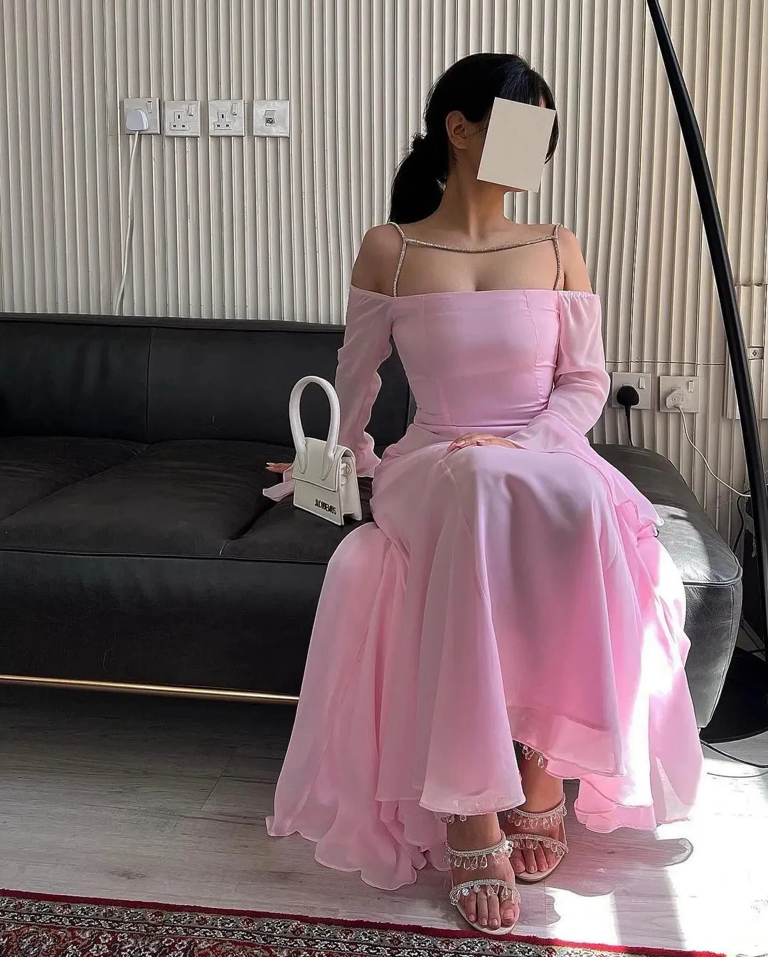 

Flora Dress Pink Chiffon Mermaid Prom Dresses Long Sleeves Dubai Off Shoulder Formal Evening Gown Robe De Soirée Party Gowns