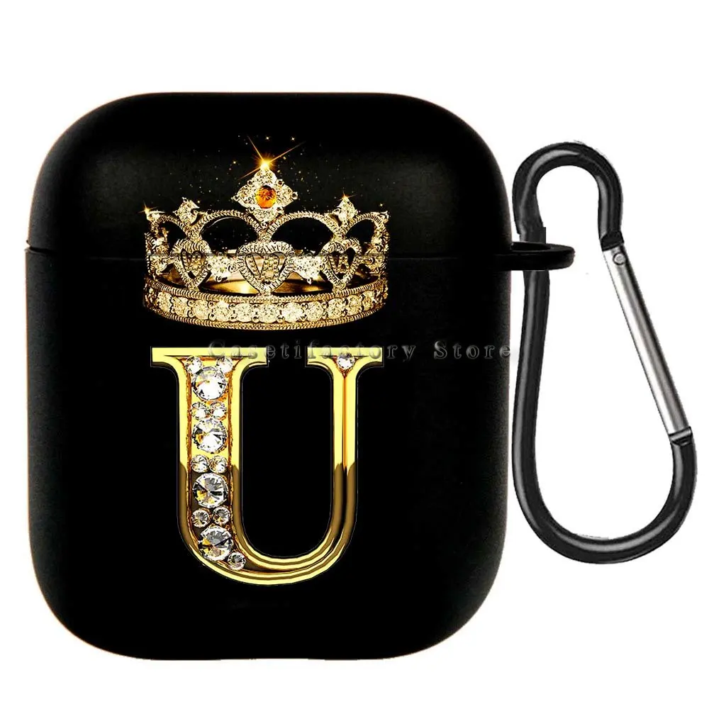 Elegant Diamond Crown Initial AirPods Case - Black Wireless Bluetooth Earphone Cover