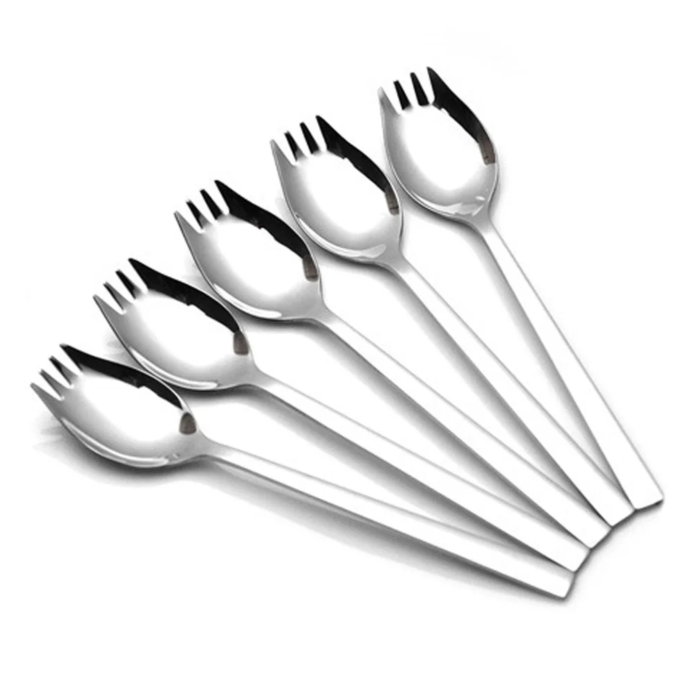 

6Pcs Kitchen Natural Stainless Steel Salad Dinner Serving Spoons Long Handle Heavy Duty Spork ( Medium )