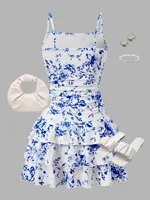 Robe d'été pour filles, imprimé floral bleu, taille froncée, ourlet à volants, tenue décontractée pour vacances à la plage 2