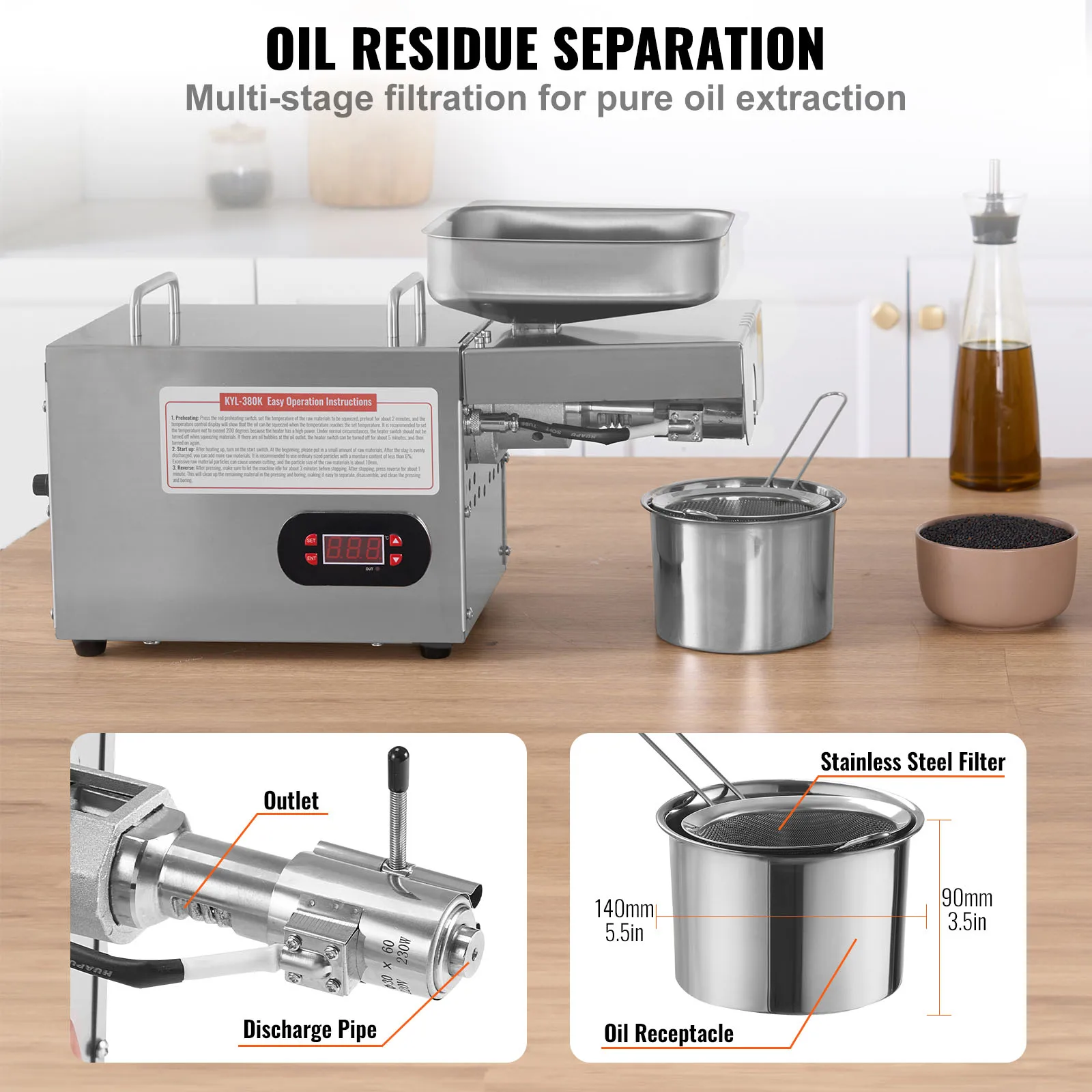 SucceBuy 850W Stainless Steel Oil Extractor Machine Adjustable Temperature Hot Press Oil Expeller