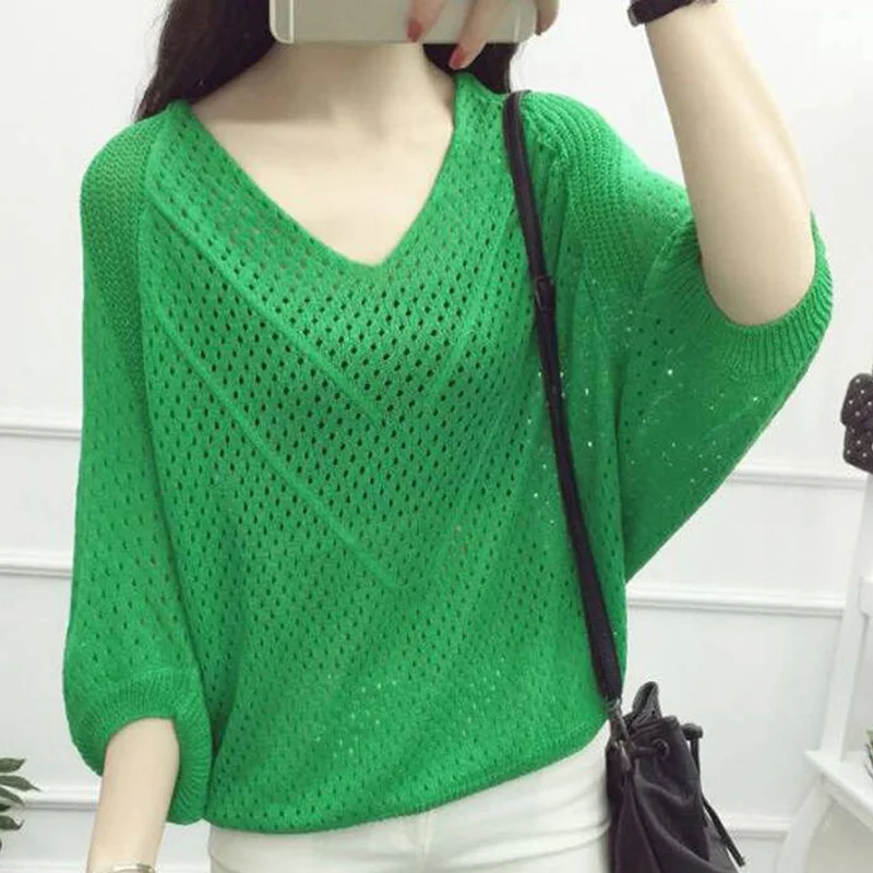 Fashion V-Neck Knitted Loose Hollow Out Blouse Women's Clothing 2023 Summer New Casual Pullovers Korean Batwing Sleeve Shirt
