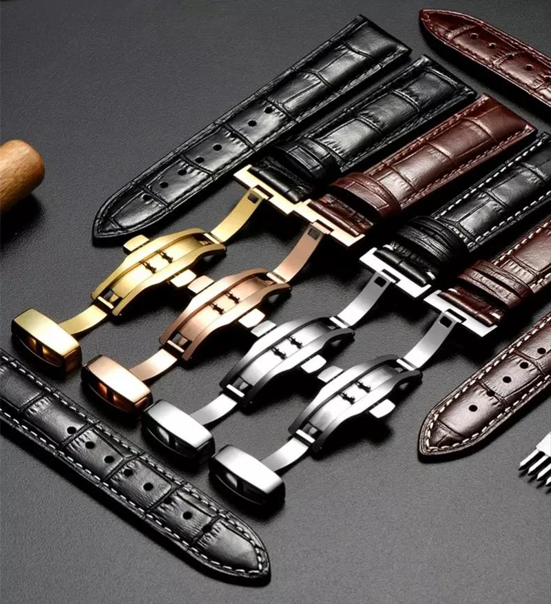 Cowhide Leather Watch Strap with Stainless Steel Butterfly Buckle – Gold/Rose Gold Finish
