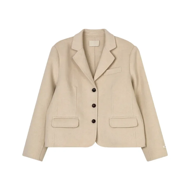 Fashion Solid Color Long Sleeve Suit Collar Double-Faced Woolen Women's Suit 2023 Autumn Winter Single Breasted Loose Suit Coat