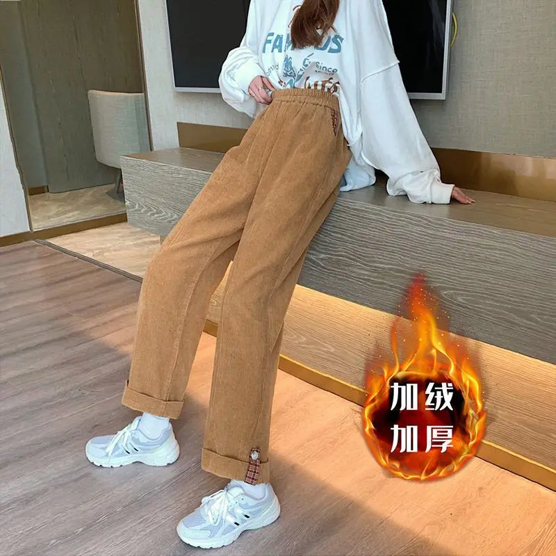 Vintage Corduroy Straight Pants Autumn Winter Elastic Waist Solid Loose All-match Wide Leg Pants Casual Fashion Women Clothing