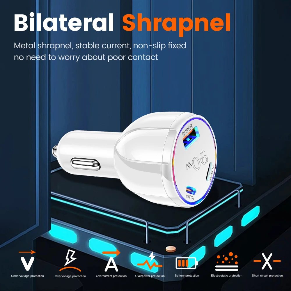 3 Port 90W USB+2PD Car Chargers USB Fast Charging Car Phone Adapter for IPhone Xiaomi Samsung Car Adapter