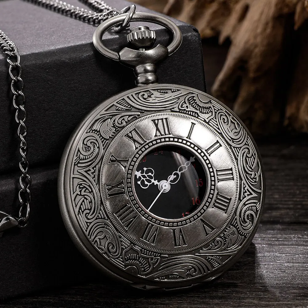 Quartz Watch Roman Numerals Pocket Watch Men Women Hollow Case Steampunk Vintage Pendant Necklace