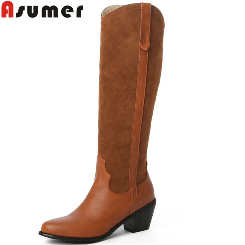 

ASUMER 2022 Plus Size 34-48 New Slip On Knee High Boots Solid Thick High Heels Ladies Boots Pu Western Women Boots