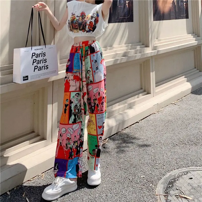 Wide Leg Pants Women Summer Beach Bohemia Oversize Pants Harajuku Cartoon Print High Waist Plus Size Obesity Women Trousers olive oil essential oil for pregnant women and infants to fade and repair pregnancy obesity wrinkles before and after childbirth