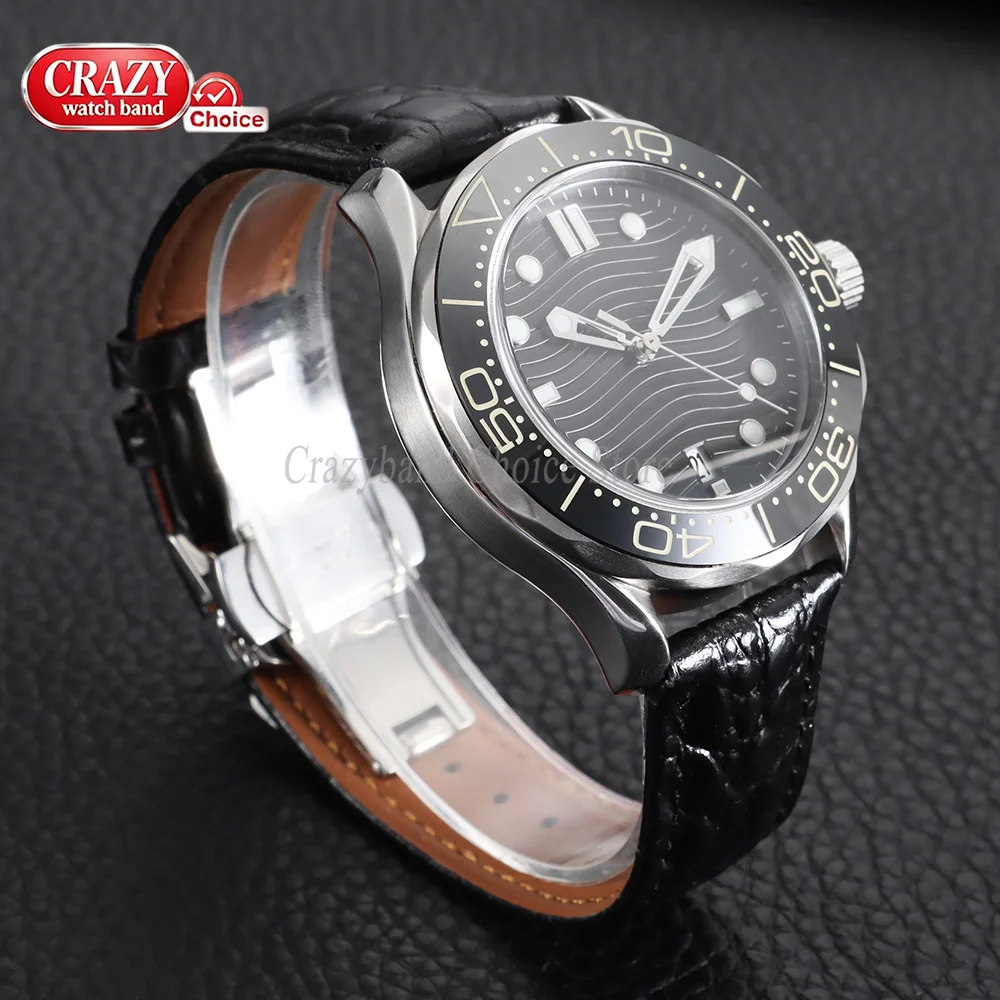 Luxury Embossed Leather Watch Strap with Butterfly Clasp - Business Brown & Black Wristband