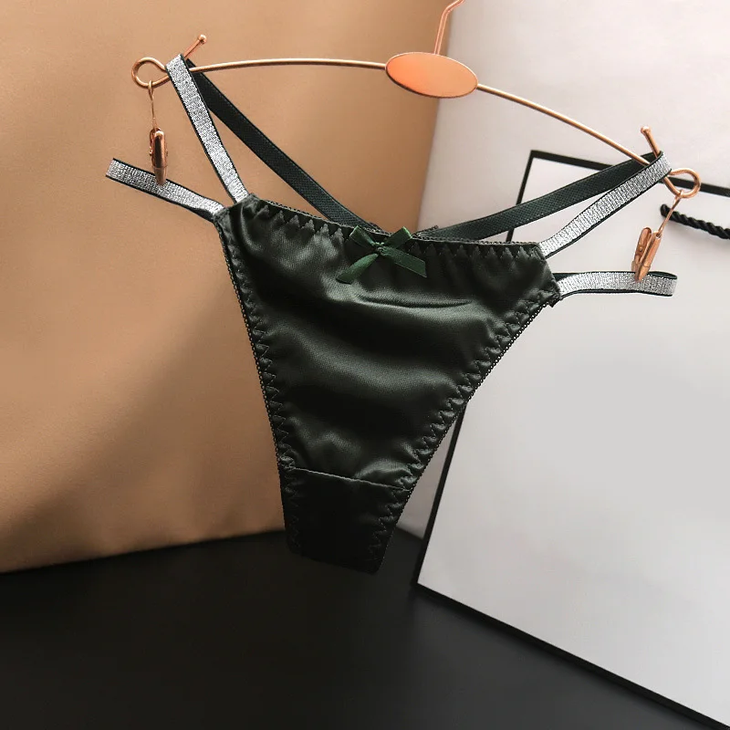 1pc Women Sexy Silky Panties Thin Thong Ice Silk Underwear Shiny Belt Double Strap Lace Low-rise Lingerie  Female Panties  G-str