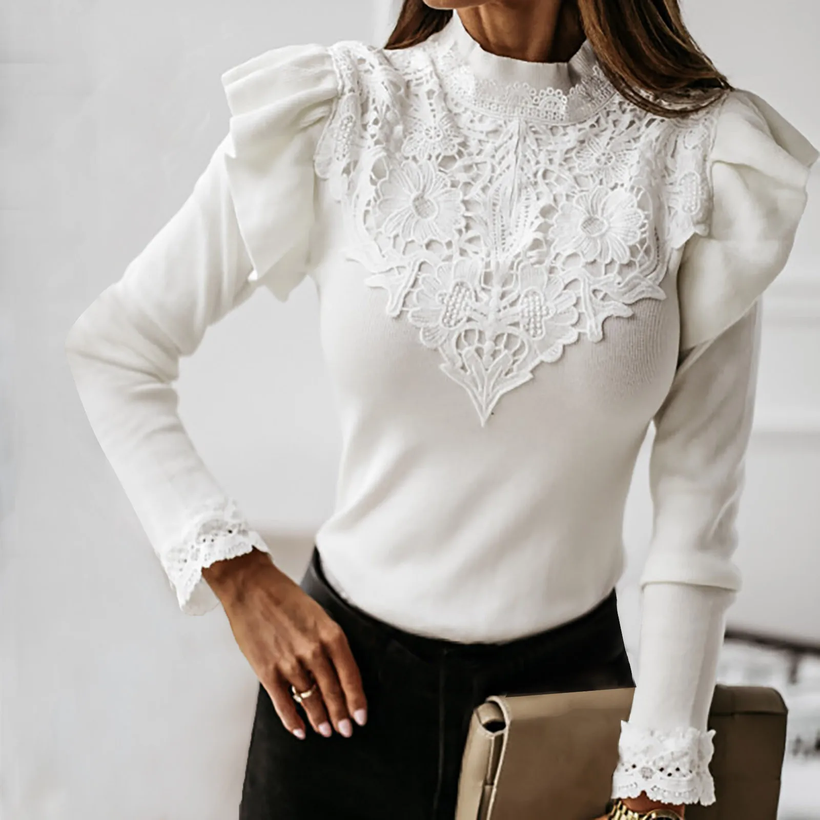 

Women Pulovers Summer 2022 Women Fashion Shirts Y2k Top Ladies Tops Aesthetic Female Shirt Lace Patchwork Long Sleeve Turtleneck