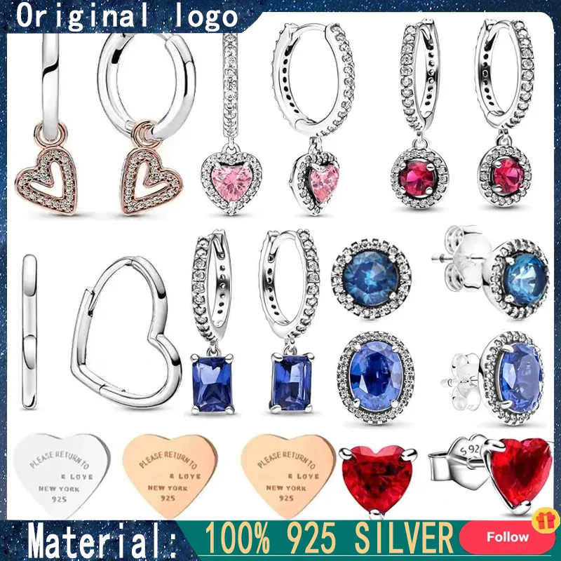 

New 925 Silver Women's Sparkling Heart Blue Diamond Original Logo Crown Earrings DIY Charm Jewelry