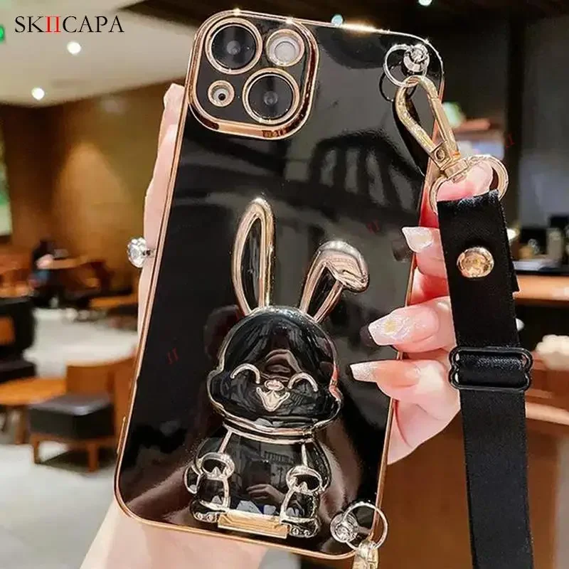 Plating Silicone Crossbody Lanyard Phone Case with Rabbit Holder