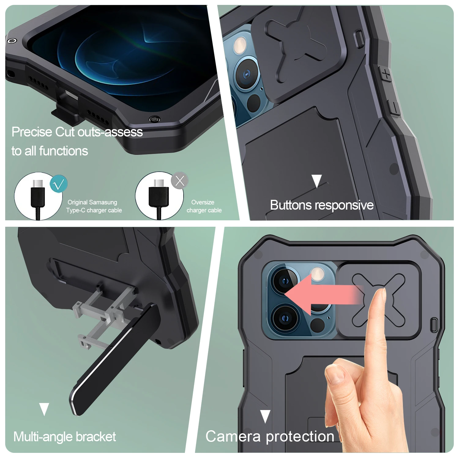 Shockproof Armor Metal Case For Iphone 13 12 Pro 12pro Max 13pro Aluminum Bumper Stand Slide Door Camera Protector Phone Cover