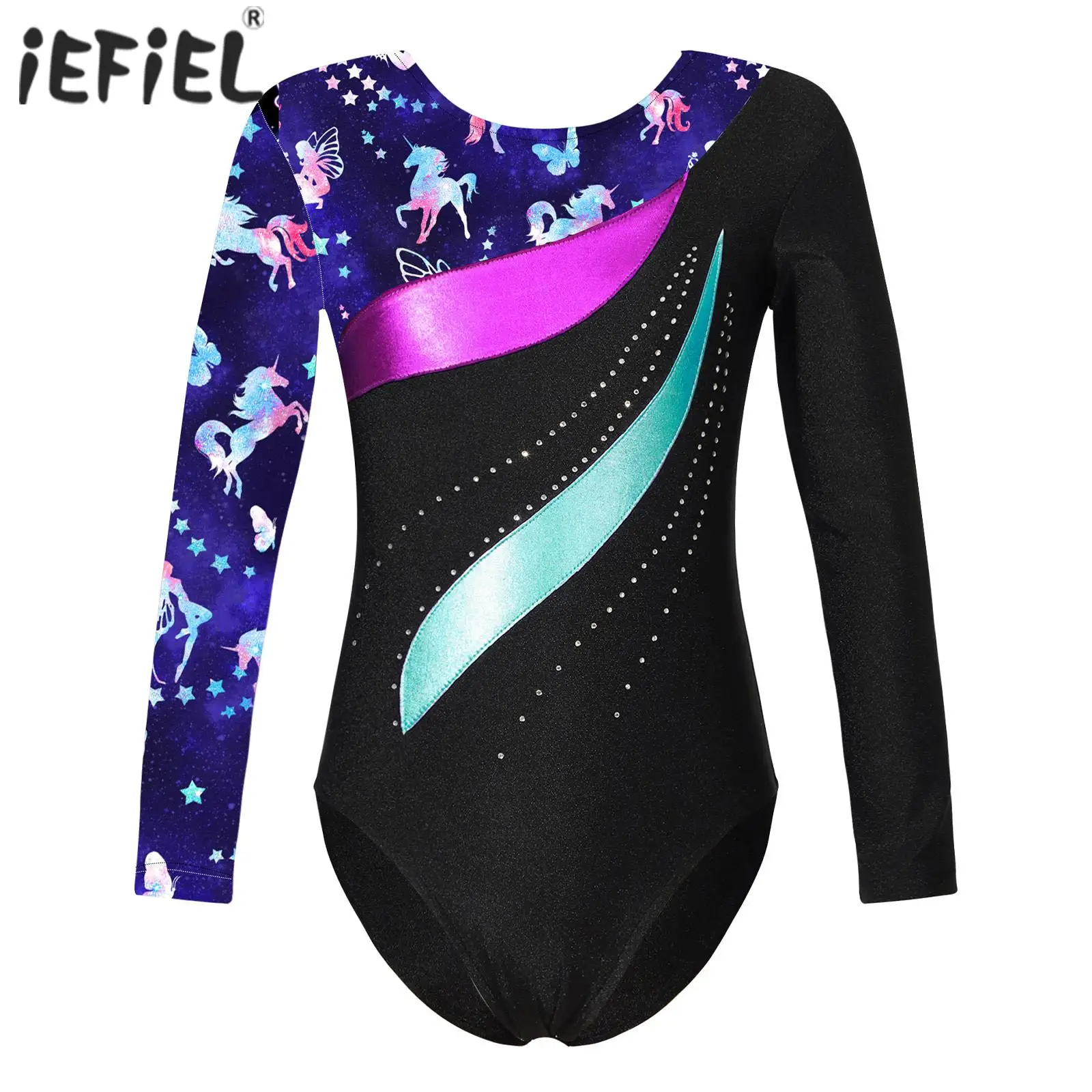 

Kids Girls Gymnatics Ballet Dancewear Long Sleeve Round Neckline Shiny Rhinestone Pattern Print Ballet Dance Leotards Costume