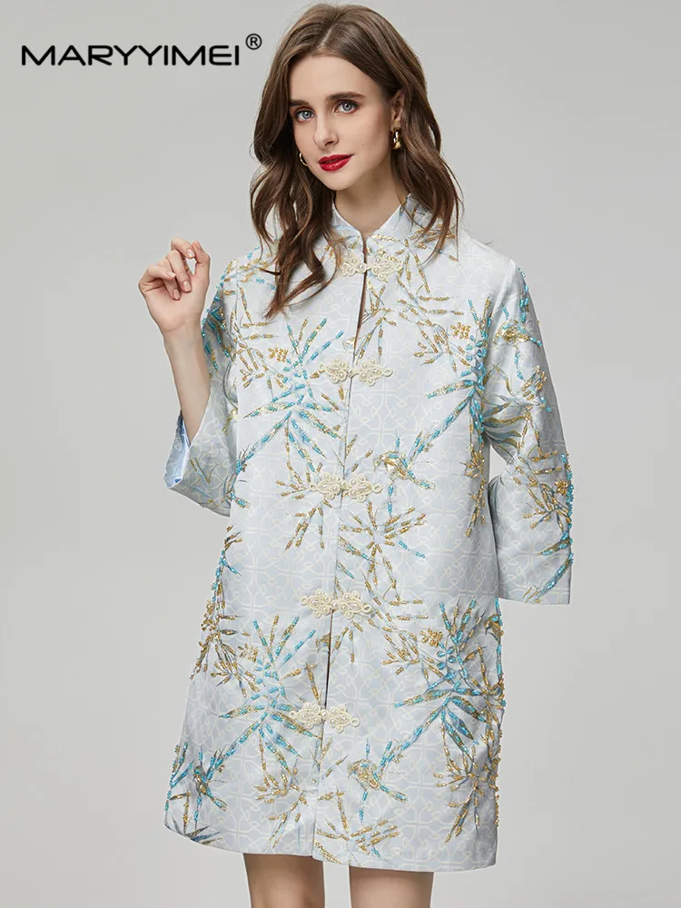 

Модное дизайнерское женское осеннее пальто MARYYIMEI с воротником-стойкой и длинными рукавами, в китайском стиле, с бусинами, ярко-синее однорядное пальто с пряжкой