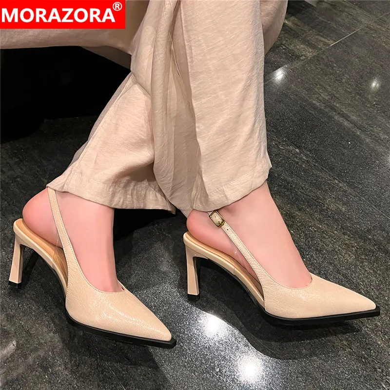 

MORAZORA 2024 New Sheepskin Genuine Leather Shoes Women Sandals Stiletto High Heels Pointed Toe Ladies Party Wedding Shoes