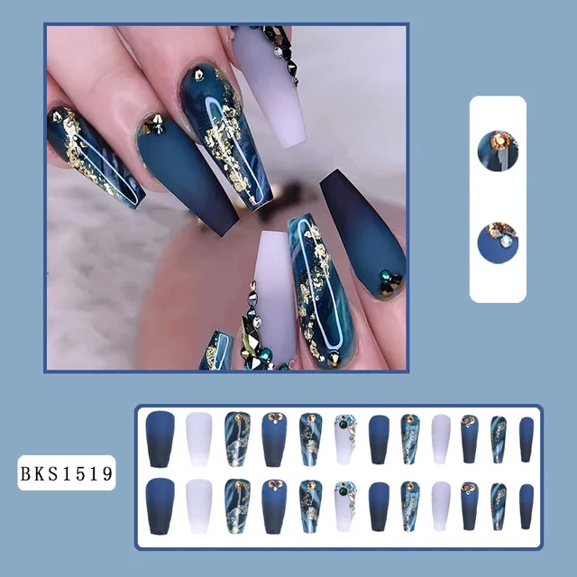 Long Gradient Blue False Nails Gold Foil Wearable Nail Stickers With