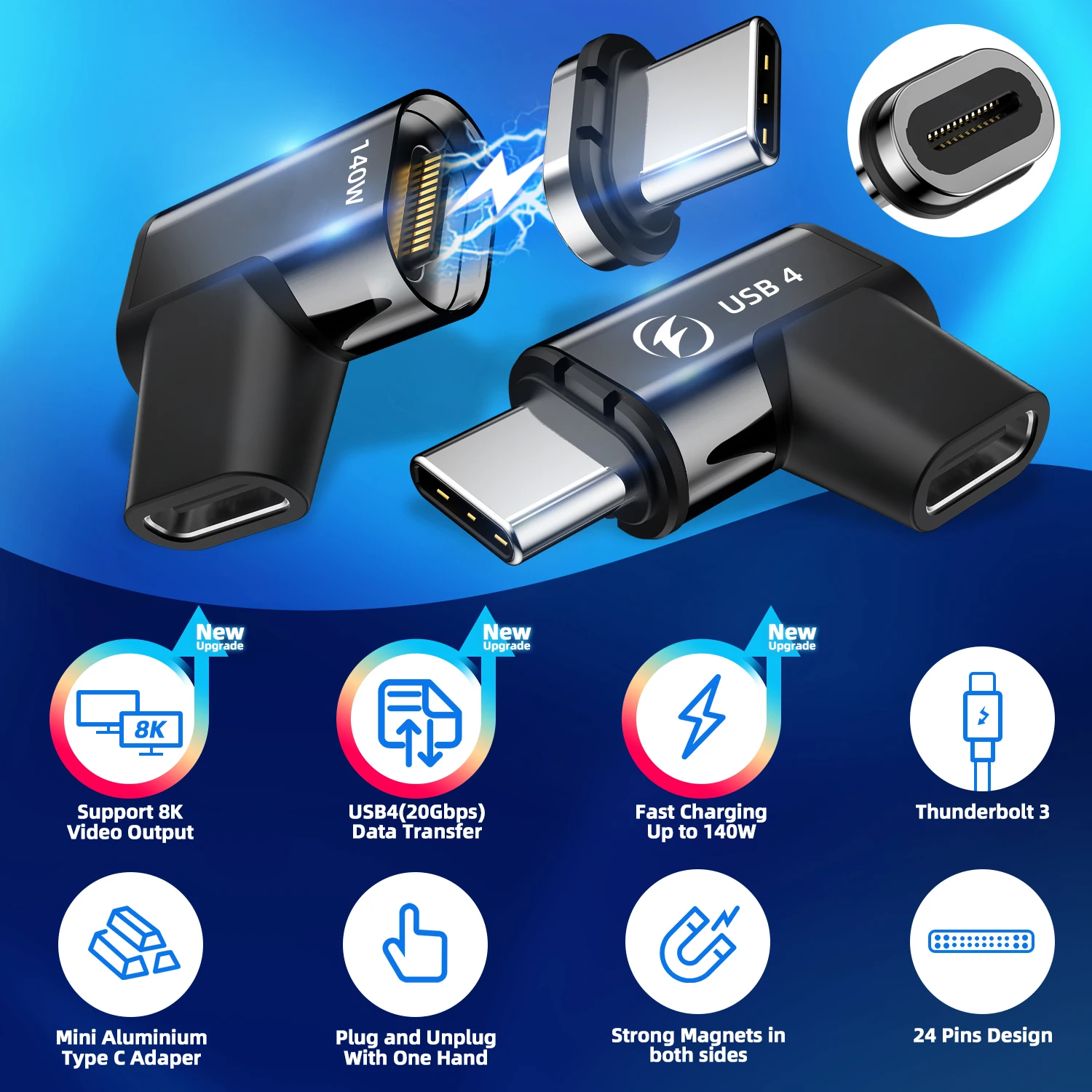 USB Adapter 24Pins USB 4 Magnetic Adapter Type C 140W For Macbook Pro Air Samsung 40G 20G 8K@60Hz USB C Fast Charge Magnet Converter