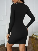 Crew Neck Slim Solid Dress, Elegant Long Sleeve Dress For Spring & Fall, Women's Clothing - Image 2