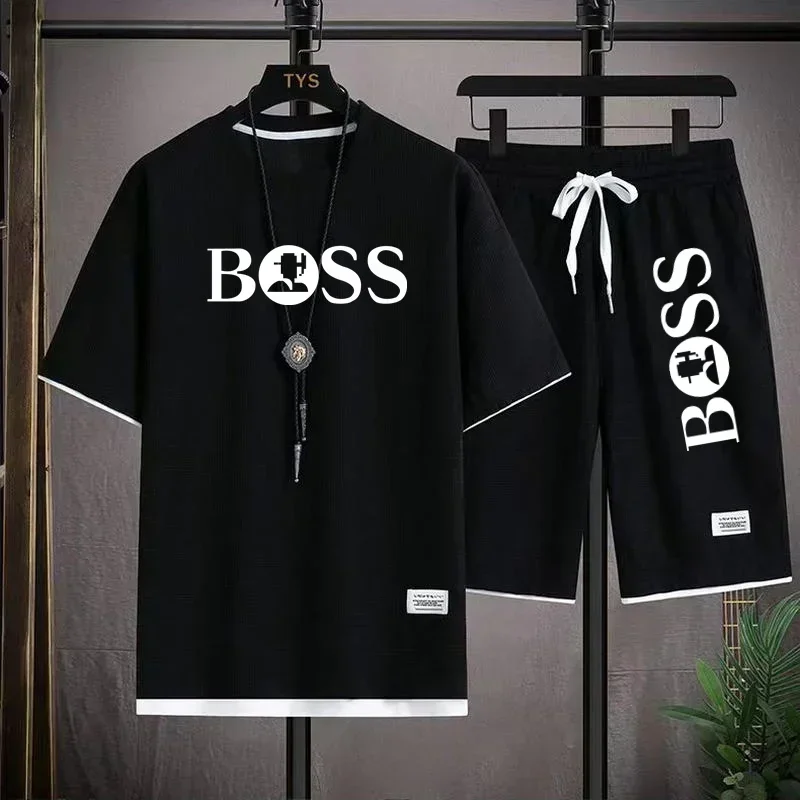 Fashion men's casual sports set new 2025 summer outdoor breathable round neck men short sleeve T-shirt + shorts two sets