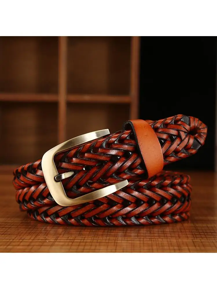 Belts Men Woven Leather, Belt Men Fashion Brown