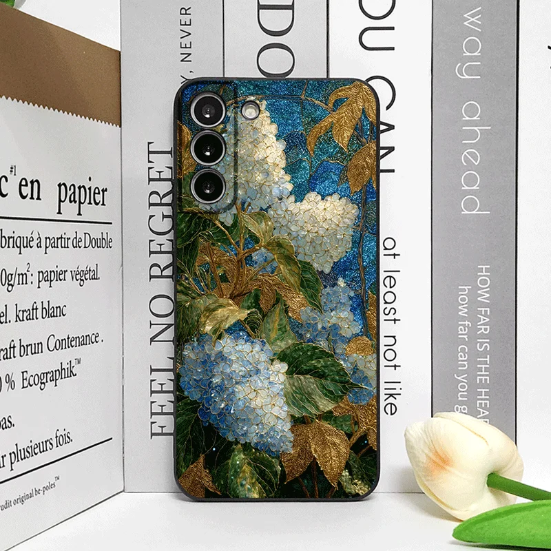 Blue Hydrangea Pattern Frosted Soft Phone Case with Abstract Flower Design