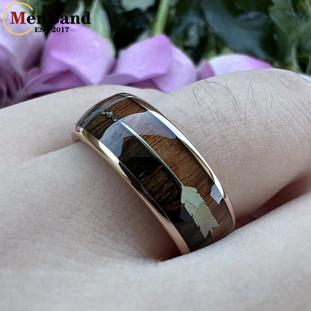 MenBand Fashion 8MM Women's Rose Gold Tungsten Carbide Wedding Band Ring With Double Wood And Arrow Inlay Comfort Fit
