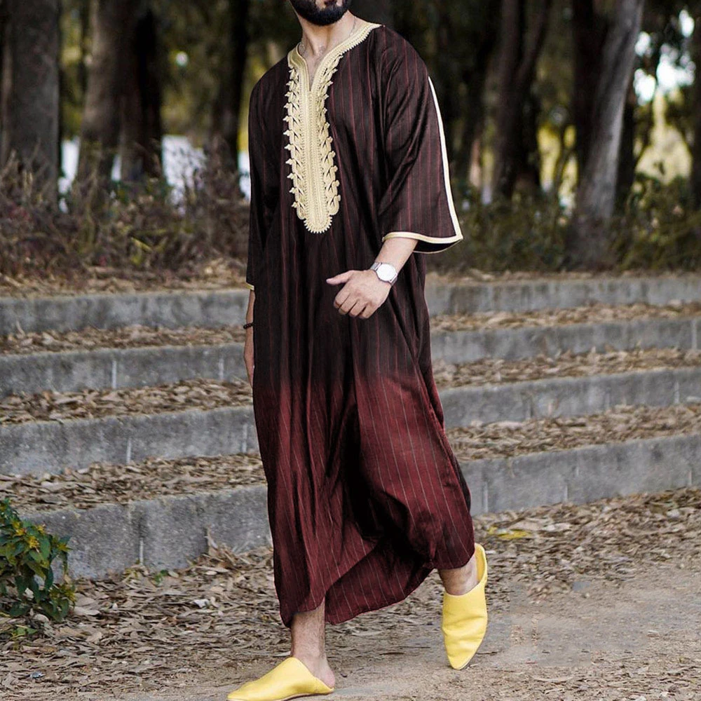 Men Muslim Clothing Maxi Robe Stripe Jubba Kaftan Dishdash Thobe Saudi Arab New T Shirts Men oversized T Shirt Harajuku 