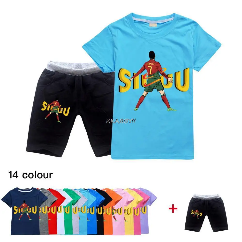 Summer Girl Baby Boys Set Di Vestiti Cristiano Ronaldo Cr7 Stampa Magliette Pullover Manica Corta + Pantaloncini 2 Pezzi Abbigliamento 2-14Y