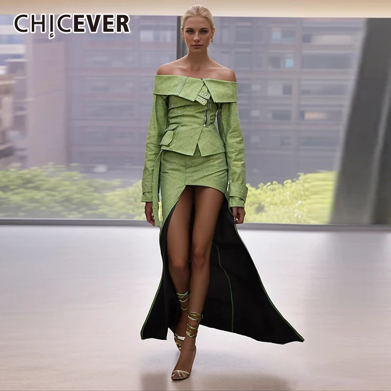 

CHICEVER Solid Two Piece Sets For Women Slash Neck Long Sleeve Spliced Zipper Top High Waist Irregular Skirt Casual Set Female