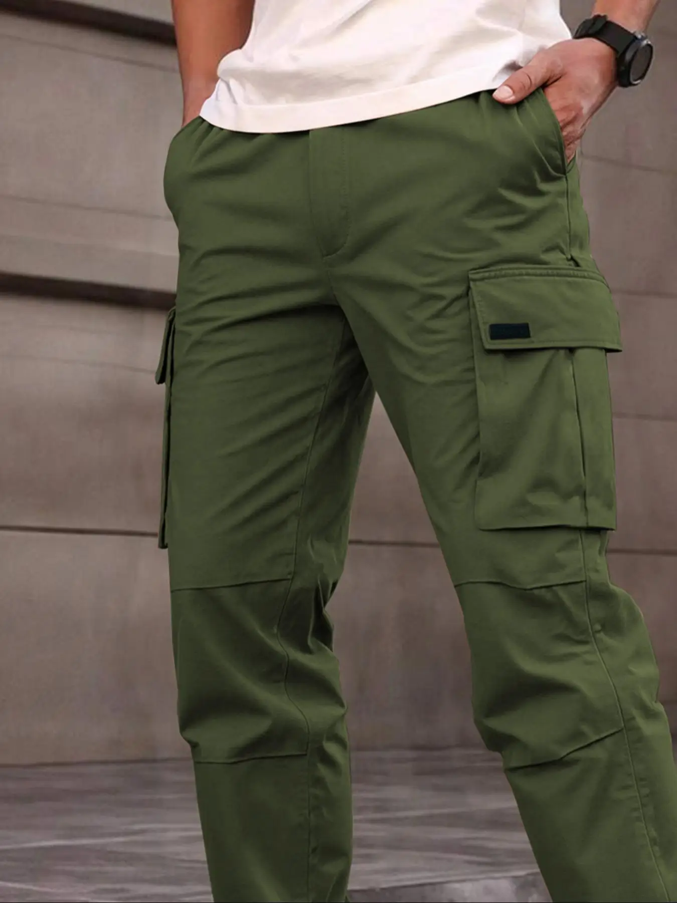 Einfarbige Cargohose für Herren mit Pattentasche, Kordelzug am Bund, reguläre Passform, lässige Hose mit geradem Bein für den Alltag – Detail 14