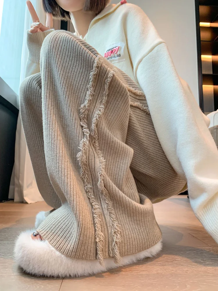 

Casual Elastic High Waist Drawstring Knitted Trousers Women Autumn Winter Loose Warm Wide Leg Pants Female