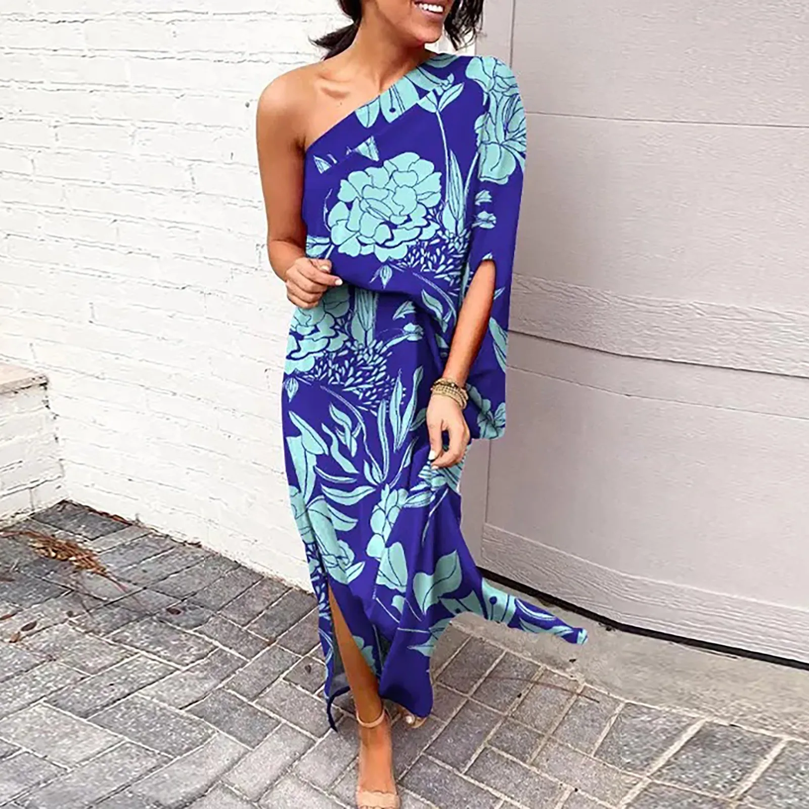 

Temperament One Shoulder Long Dress For Women Floral Sleeveless Party Dress Summer Ruffled Hem Irregular Fishtail Bodycon Dress