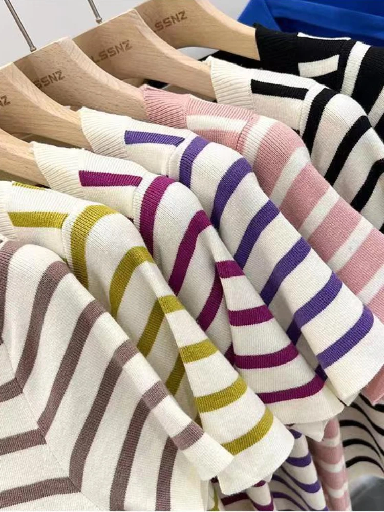 امرأة الملابس مخطط تي شيرتات قصيرة الاكمام سليم صالح القمم أنثى س الرقبة محبوك غمد تي شيرت الشارع ارتداء الجنس رياضي Y2K جديد 6