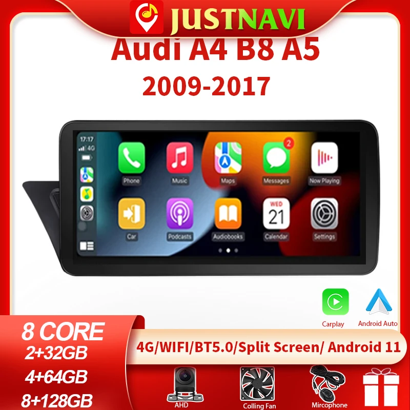 

JUSTNAVI 8 Core Android 11 System Car Radio Stereo For Audi A4 A5 B8 2009-2016 WIFI 4G Carplay BT IPS Screen GPS Navigation DVD