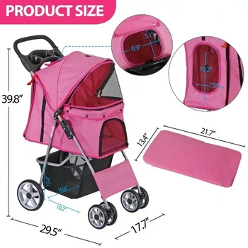 Pink 4 Wheel Pet Stroller for Cat Dog Foldable Carrier Jogger Travel with Basket 2