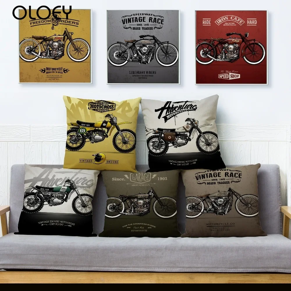 

Vintage Cartoon Motorcycle Print Cushion Cover Beige Linen Pillowcase 45*45cm Square Throw Pillows Covers Home Decor Pillow Case