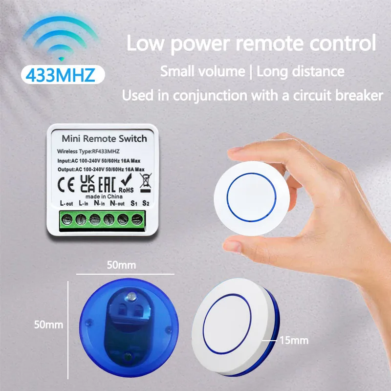 AXUS 433HMz 무선 조명 스위치 10A 릴레이 수신기 RF 라운드 버튼 원격 110V 220V 230V 미니 모듈 LED 램프 컨트롤러