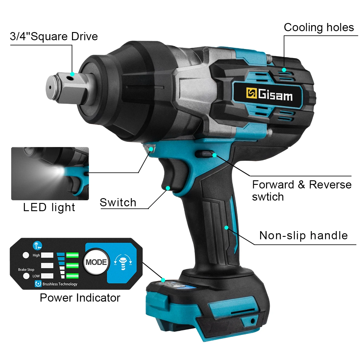 Gisam 3100N.M Torque Brushless Electric Impact Wrench 3/4 inch Cordless Electric Wrench Power Tool Compatible Makita 18V Battery 6