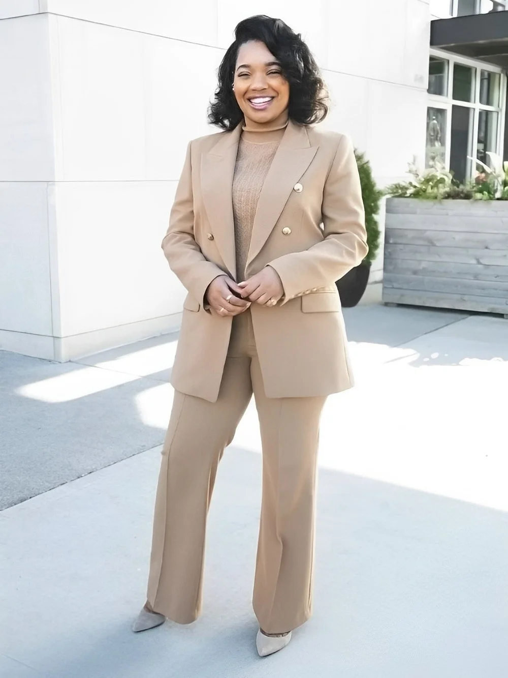 Tesco Khaki Casual Suit Blazer For Women Double Breasted Jacket Wide Leg Pants For Spring Thin Office Female Pant Sets 2024